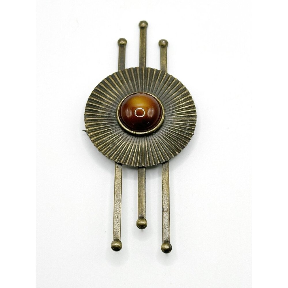 Mid Century Modern Abstract Starburst Pin With Caramel Swirl Glass Stone